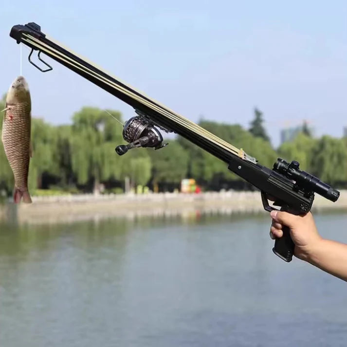 Buy Slingshot Gun Powerful Long Rod with Fishing Reel Online.